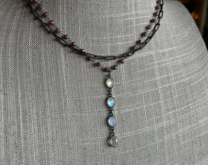 Double Chain Rainbow Moonstone drop Necklace