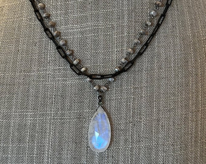 Rainbow Moonstone Teardrop on Black Sterling Chain