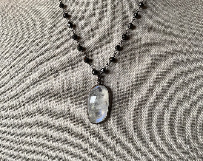 Single Rainbow Moonstone drop from black spinel chain necklace
