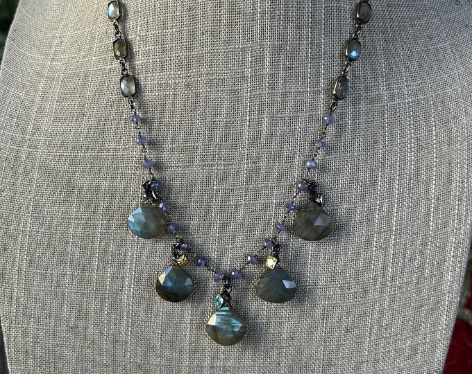 Labradorite Heart Shape Dangle Charm Necklace