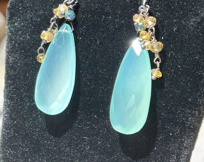 Aqua Chalcedony teardrop with citrine gem detail earrings