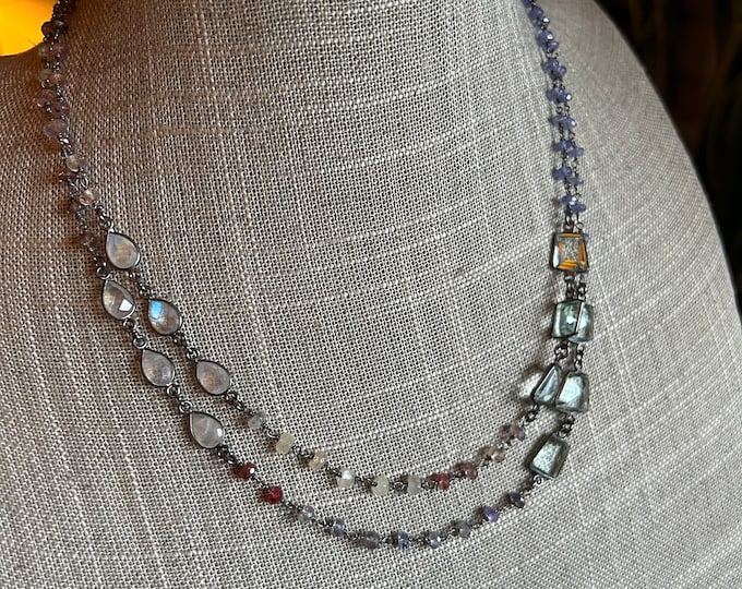 Aquamarine and Rainbow Moonstone Long Necklace