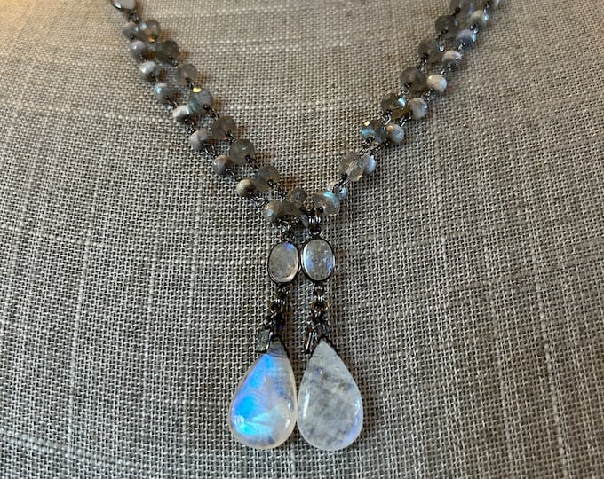 SOLD-Long Double Teardrop Rainbow Moonstone Necklace