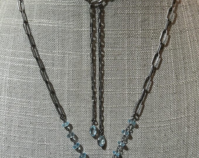 Double Necklace with Blue Topaz and Rainbow Moonstone and Oxidized Sterling Chain