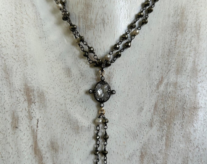 SOLD-Crystal Charm with pyrite and pearl chain necklace