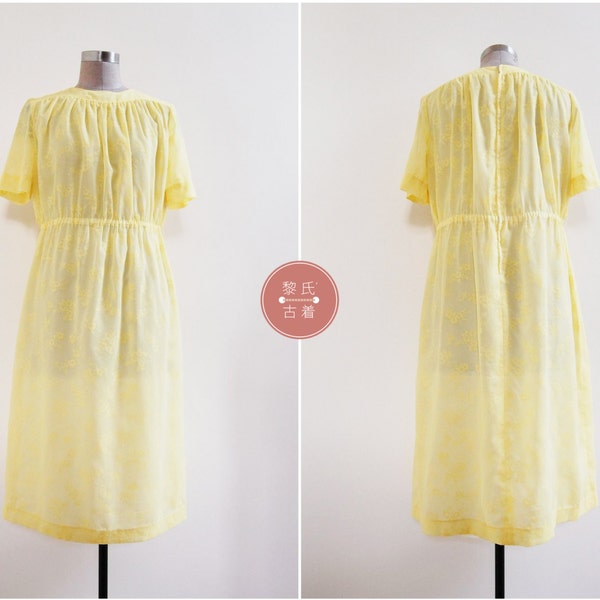 Shyly Daisy Dress | l/xl | 1970s japan vintage | yellow floral sheer dress