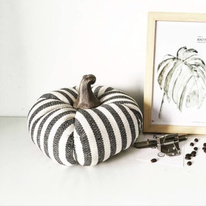 May include: A black and white striped fabric pumpkin with a brown wooden stem. The pumpkin is sitting on a white surface.