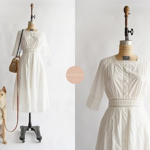 Contes d'Edwardian Dress | vintage inspired | white cotton silk midi dress