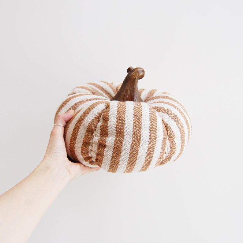 May include: A white and brown striped fabric pumpkin with a brown wooden stem.