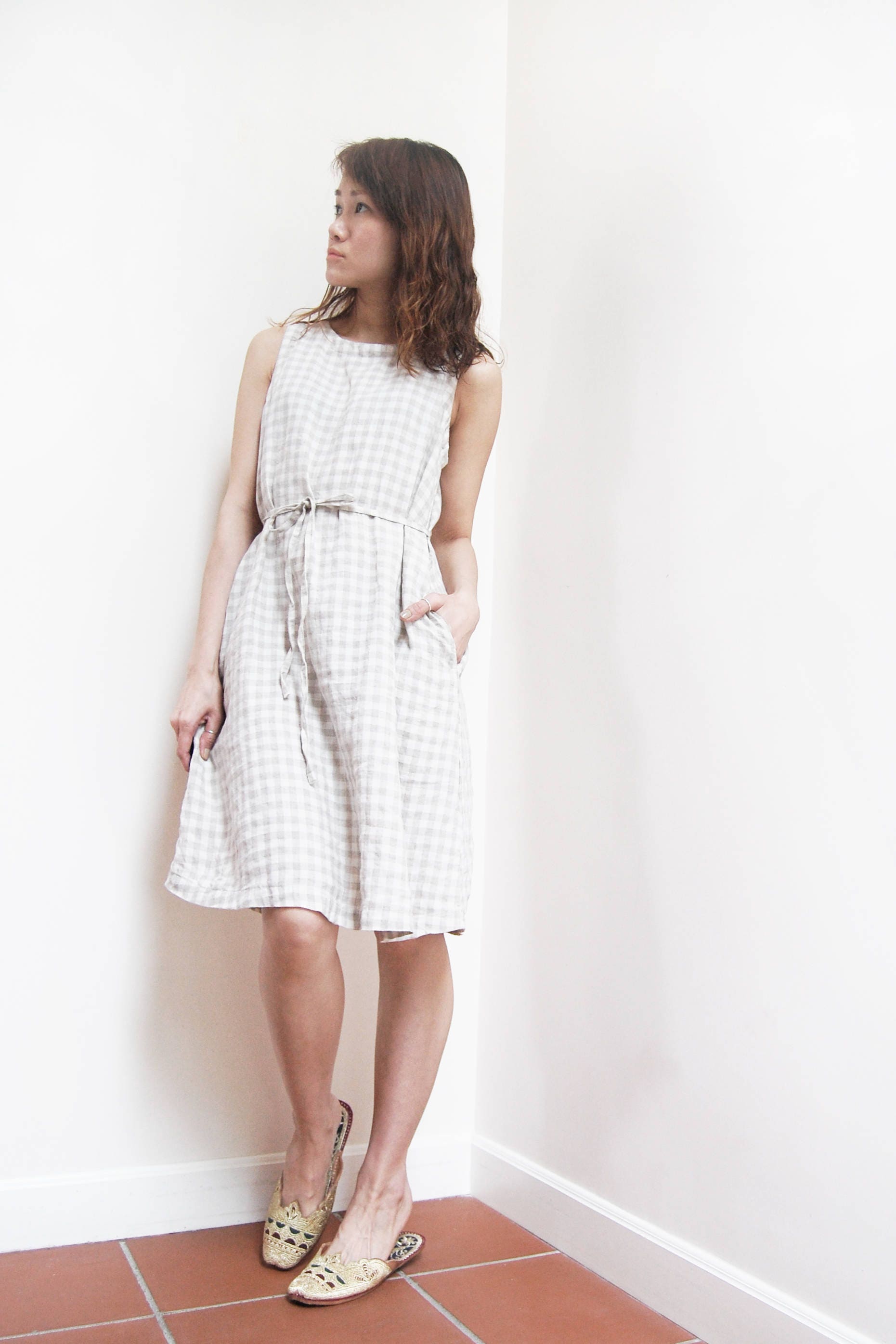 Muji Day Dress Japanese Vintage Beige Minimal Gingham Linen Dress - Etsy