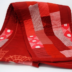 Reversible quilted table runner made with vintage Japanese silk kimonos