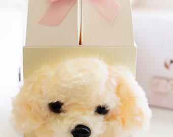 May include: A white gift box with a pink bow and a fluffy white puppy peeking out of the top. The box is decorated with the text "Paper Dream Creations".