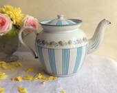 Rare Antique French BB Enamel Tea Pot, iconic turquoise stripes and roses quot théière quot , like new