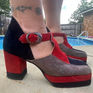 Vintage mod suede color block Maryjane platform shoes