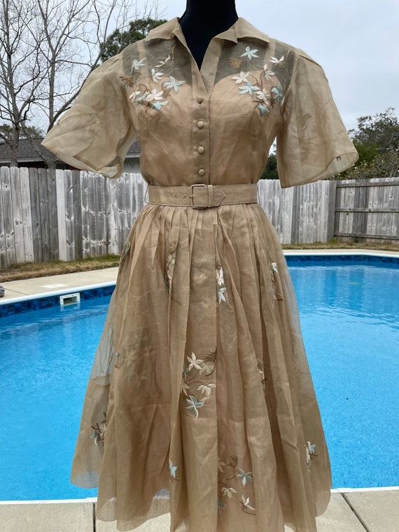 1950s/1960s embroidered silk organza fit and flare