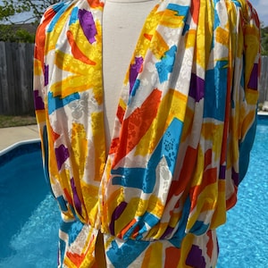 1980s color block, abstract print, 100% silk blouse and skirt set