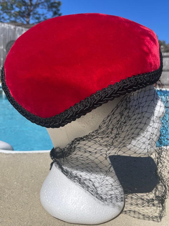 1950s red velvet hat with veil, netting