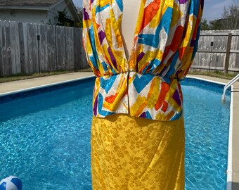 1980s color block, abstract print, 100% silk blouse and skirt set