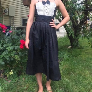 Vintage 1980s fit and flare, black and white formal party dress