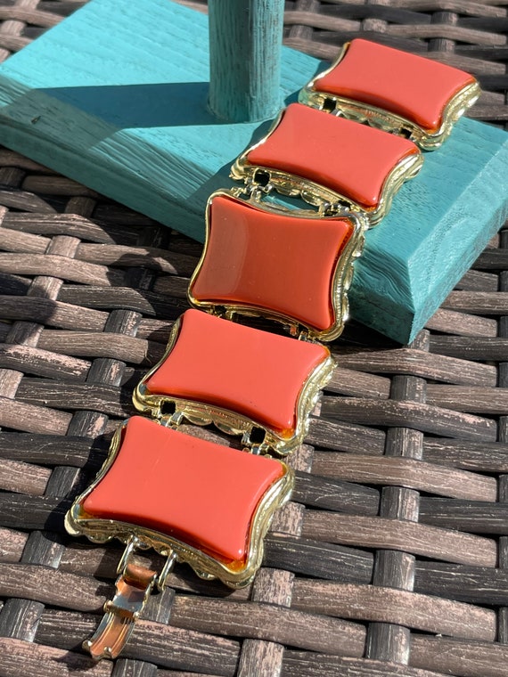 MCM chunky coral and gold link bracelet 1960s