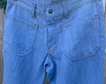 Vintage 1970s chambray denim, bell bottoms, flare, hip huggers jeans