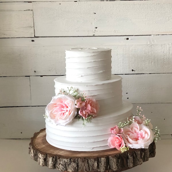 Fake Cake. This one is 12, 9, 6 inches 4" tall tiers. Fits perfect on a 12.5" base.  Perfect for a wedding or bridal shower.