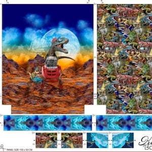 Könnte beinhalten: Ein digitales Muster mit einem Dinosaurier, der auf einem Snowboard auf einem blauen und weißen eisigen Hintergrund fährt. Das Muster ist für die Verwendung bei der Herstellung eines Rucksacks gedacht, mit Anweisungen und Vorlagen. Das Muster enthält auch einen Dinosaurier, der auf einer Rakete auf einem roten und orangefarbenen Wüstenhintergrund reitet.