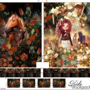 Könnte beinhalten: Ein digitales Design mit einem weißen Pferd, das durch eine dunkle, sternenübersäte Nacht rennt. Das Design enthält auch ein Mädchen mit roten Haaren und einem Blumenmuster. Das Design ist perfekt für die Herstellung von Stoffen, Tapeten oder anderen Dekorationsartikeln.