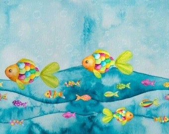 Baumwoll-Jersey STENZO Fische Regenbogen blau bunt 1,9 m x 150 cm - RESTSTÜCK