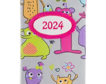Kalender Buchkalender 2024 - DIN A5 -  352 Seiten - Monster grau pink bunt -  auf Wunsch mit Namen - Terminplaner Tagebuch