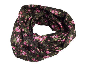 Damen-Loopschal Blumen Rosen schwarz gold rosa bunt - ca. 25 cm x 140 cm - 100% Baumwolle - Rundschal Schlauchschal