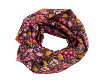 Damen-Loopschal Blumen schwarz rosa orange senf bunt ca. 25 cm x 140 cm - 100% Baumwolle - Rundschal Schlauchschal