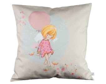 Kissenhülle - Kissenbezug - Mädchen Ballon Vögel Blumen Vichykaro beige weiß bunt - 40 cm x 40 cm - 100% Baumwolle - Hotelverschluss