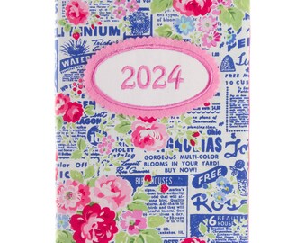 Kalender Buchkalender 2023 - DIN A5 - 352 Seiten - Rosen Zeitung Vintage weiß blau rosa bunt - auf Wunsch mit Namen - Terminplaner Tagebuch