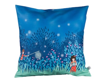 Kissenhülle - Kissenbezug - Mädchen Glühwürmchen blau petrol bunt - 40 cm x 40 cm - 100% Baumwolle - Hotelverschluss
