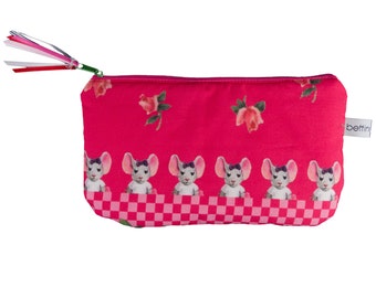 Mäppchen Tasche  Mäuse Punkte Rosen pink rot - 21 cm  x 12 cm - auf Wunsch mit Namen - Federmäppchen Etui Necessaire