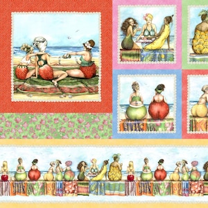 Könnte beinhalten: Ein farbenfroher Patchwork-Stoff mit Frauen in verschiedenen Posen am Strand. Der Stoff zeigt ein sich wiederholendes Muster aus Frauen in Badeanzügen, Früchten und Blumenmustern.