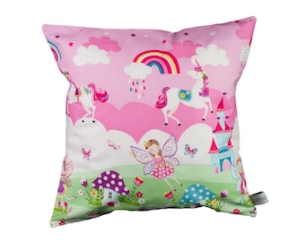 Kuschelkissen  - Reisekissen - Kinderkissen - Fee Einhorn Regenbogen Sterne  rosa pink bunt - 30 cm x 30 cm - Hotelverschluss