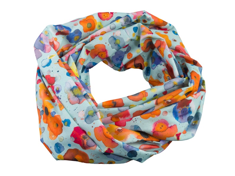 Damen-Loopschal Blumen Wasserfarben hellblau orange blau bunt ca. 25 cm x 140 cm 100% Baumwolle Rundschal Schlauchschal Bild 1