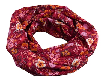 Damen-Loopschal Blumen wein rot rosa orange bunt ca. 25 cm x 140 cm - 100% Baumwolle - Rundschal Schlauchschal