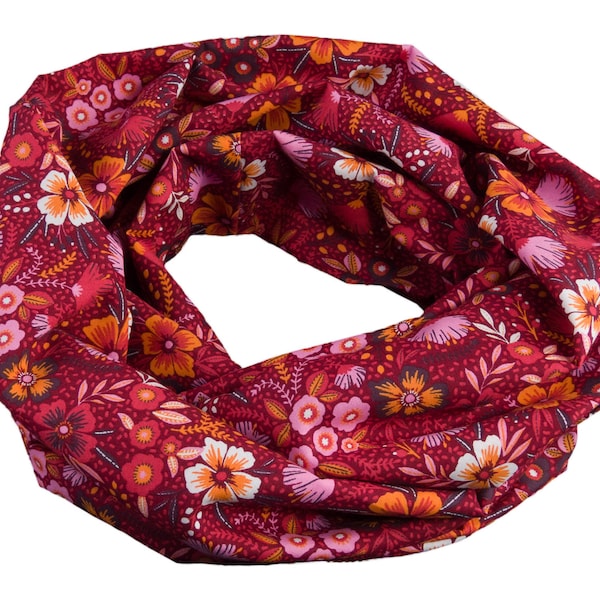 Damen-Loopschal Blumen wein rot rosa orange bunt ca. 25 cm x 140 cm - 100% Baumwolle - Rundschal Schlauchschal