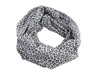 Damen-Loopschal Leoprint weiß grau schwarz ca. 25 cm x 140 cm - 100% Baumwolle - Rundschal Schlauchschal