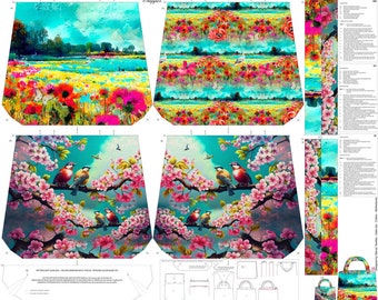 STENZO Tasche Panel Blumenwiese Mohnblume Vögel Kirschblüten bunt - 100% Baumwolle CANVAS - Strandtasche Shopper Umhängetasche SELBERNÄHEN