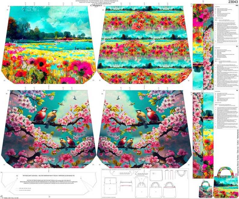 STENZO Tasche Panel Blumenwiese Mohnblume Vögel Kirschblüten bunt 100% Baumwolle CANVAS Strandtasche Shopper Umhängetasche SELBERNÄHEN Bild 1