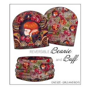 Könnte beinhalten: Wendbarer Beanie und Buff mit einem floralen Muster, das ein Mädchen zeigt. Einheitsgröße, für Mädchen und Jungen.