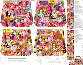 STENZO Tasche Panel Street-Art Comic Palmen Mix pink bunt - 100% Baumwolle CANVAS - Strandtasche Shopper Umhängetasche zum SELBERNÄHEN