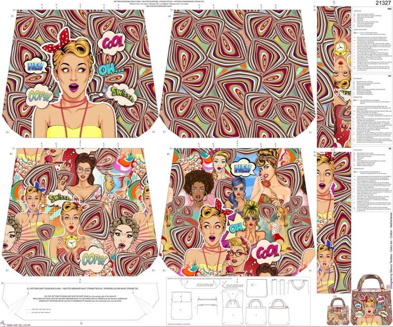STENZO Tasche Panel Frau Comic Sprechblasen bunt 100% Baumwolle CANVAS Strandtasche Shopper Umhängetasche zum SELBERNÄHEN Bild 1