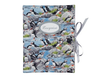 Zeugnismappe - Sammelmappe DIN A4 - 30 Sichthüllen -Papageientaucher Puffin Vögel Pünktchen grau weiß blau bunt- Mappe mit Namen