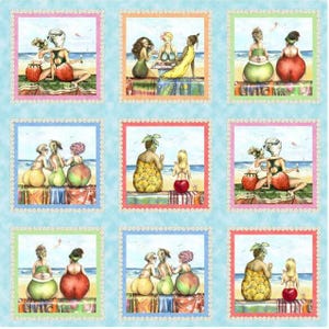 Könnte beinhalten: Neun bunte Illustrationen von Frauen in Fruchtkostümen am Strand. Jede Illustration ist mit einem dekorativen Rahmen versehen. Die Frauen tragen verschiedene Fruchtkostüme, darunter einen Ananas, eine Wassermelone, einen Pfirsich, eine Erdbeere und eine Birne.