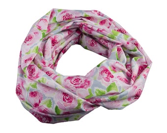 Damen-Loopschal  Rosen Blumen weiß rosa pink grün - ca. 25 cm x 140 cm - 100% Baumwolle - Rundschal Schlauchschal